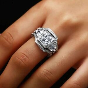NEW! 18K White Gold Plated Stackable 3 Piece Square Diamond Engagement Ring Set